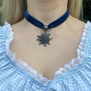 Colar Veludo Azul Marinho Flor Edelweiss